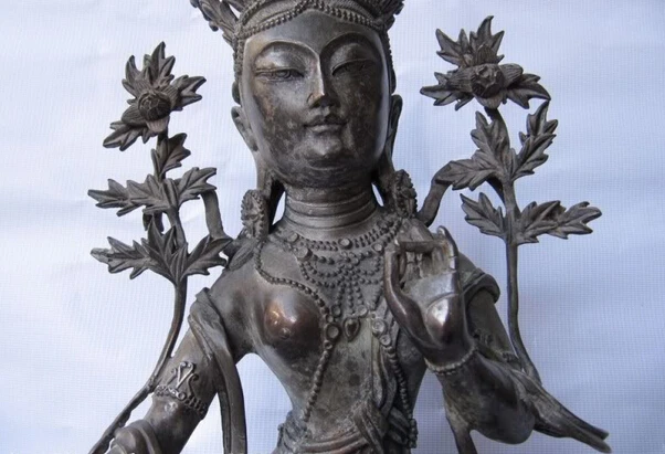 Быстрая доставка USPS к США S0655 Тибет Чистая бронза Медь падма Зеленая Тара Кван-инь