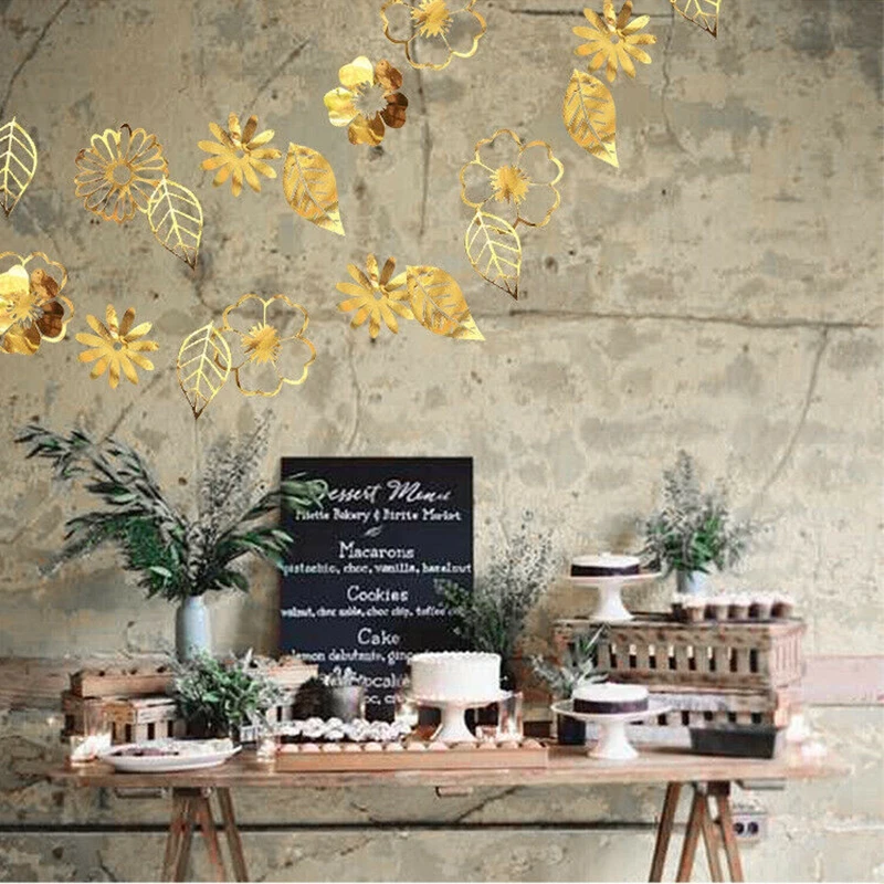 2 м Золотая Серебряная зеркальная бумажная карта цветы листья гирлянда бандаж