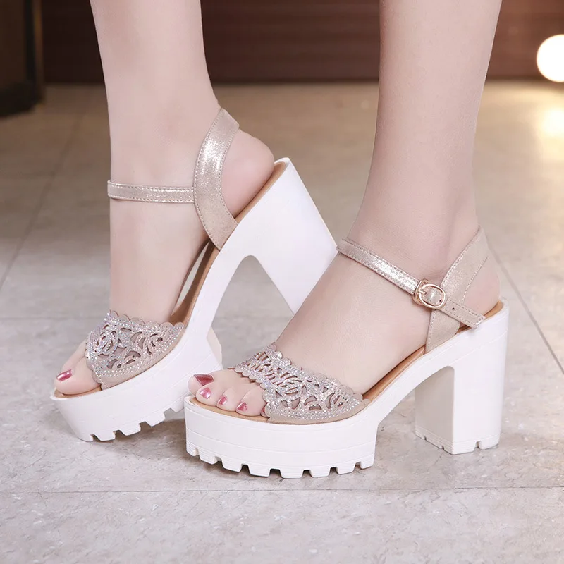 Размера плюс 32-43 свадебные туфли на блочном каблуке золотистые Босоножки