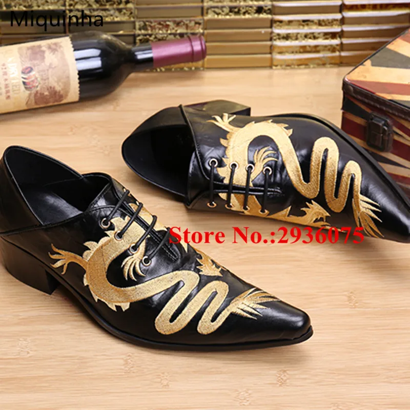 Черная Мягкая Кожа Золото Вышивка Декор Два Тона Мода Мужчины Платье Оксфорды