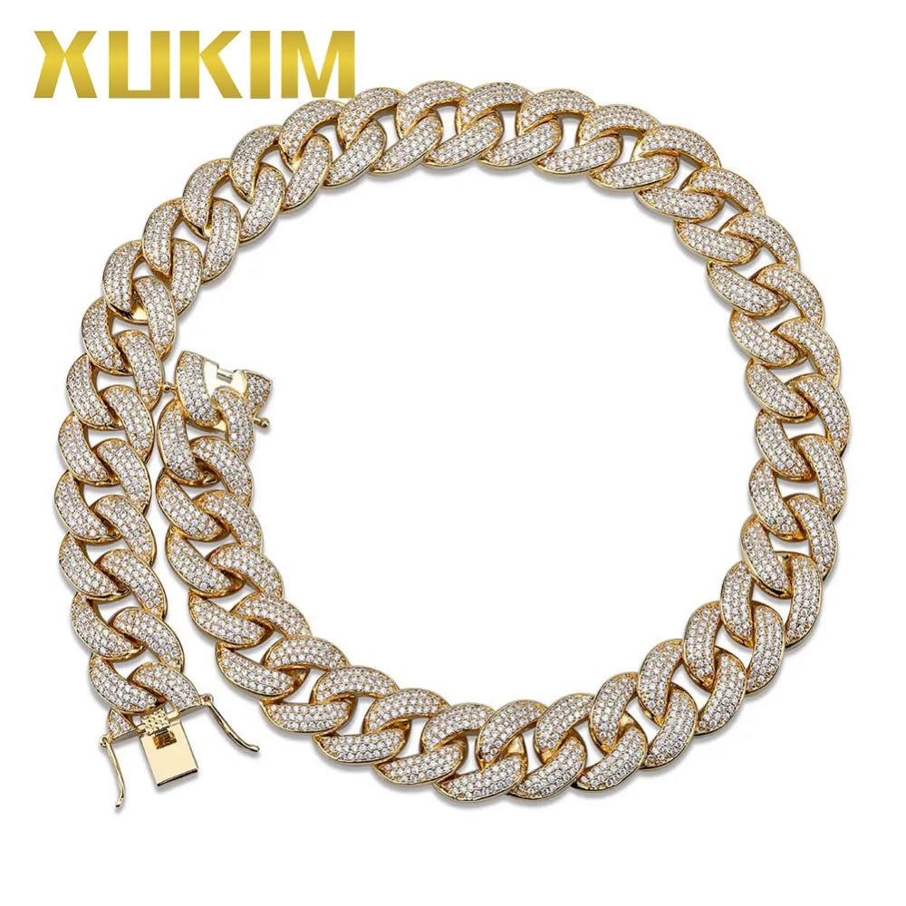 Presente para Homens Xukim Jewelry Corrente Colar Dourado Prata Zircônia Hip Hop Joias 18mm