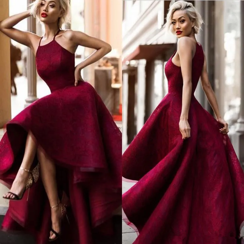 

Burgundy 2019 Prom Dresses A-line Halter Lace Hi Low Plus Size Party Maxys Long Prom Gown Evening Dresses Robe De Soiree