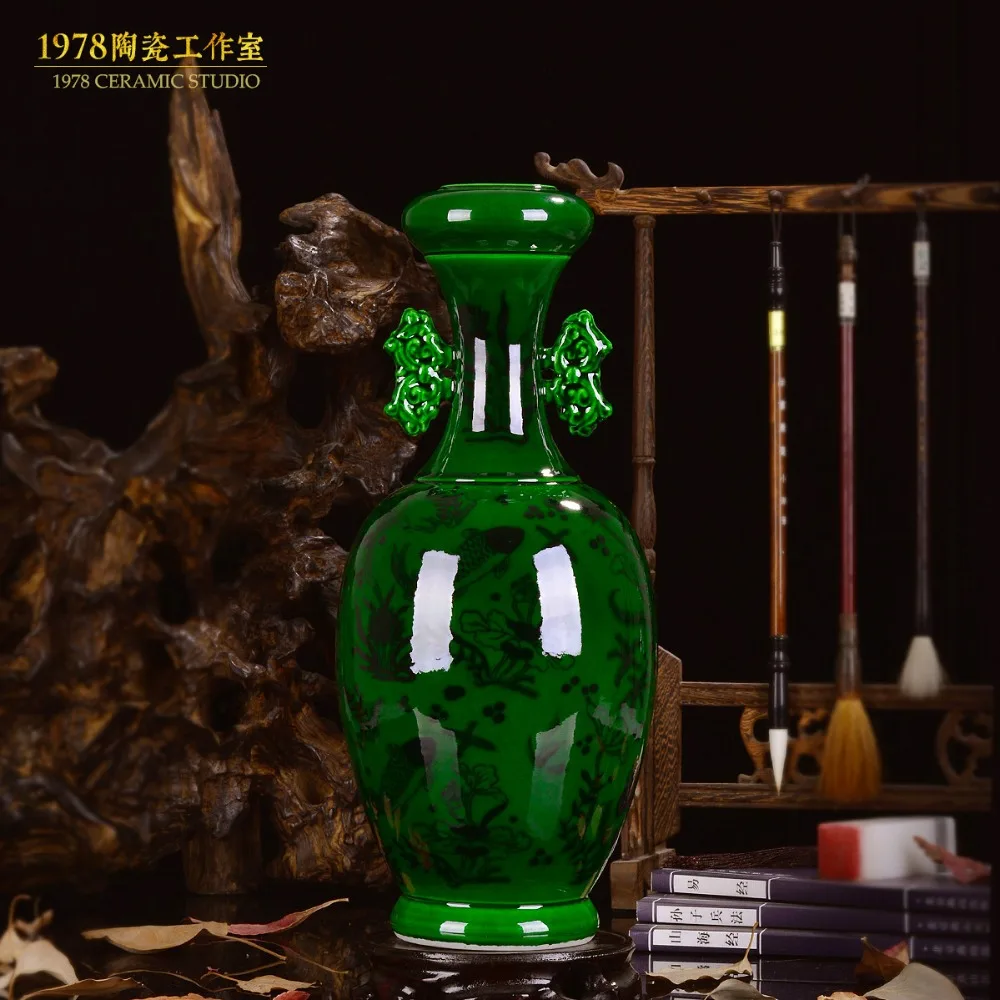 

Ceramic green glaze jade binaural vase Decoration of living room Antique vase blue and white porcelain