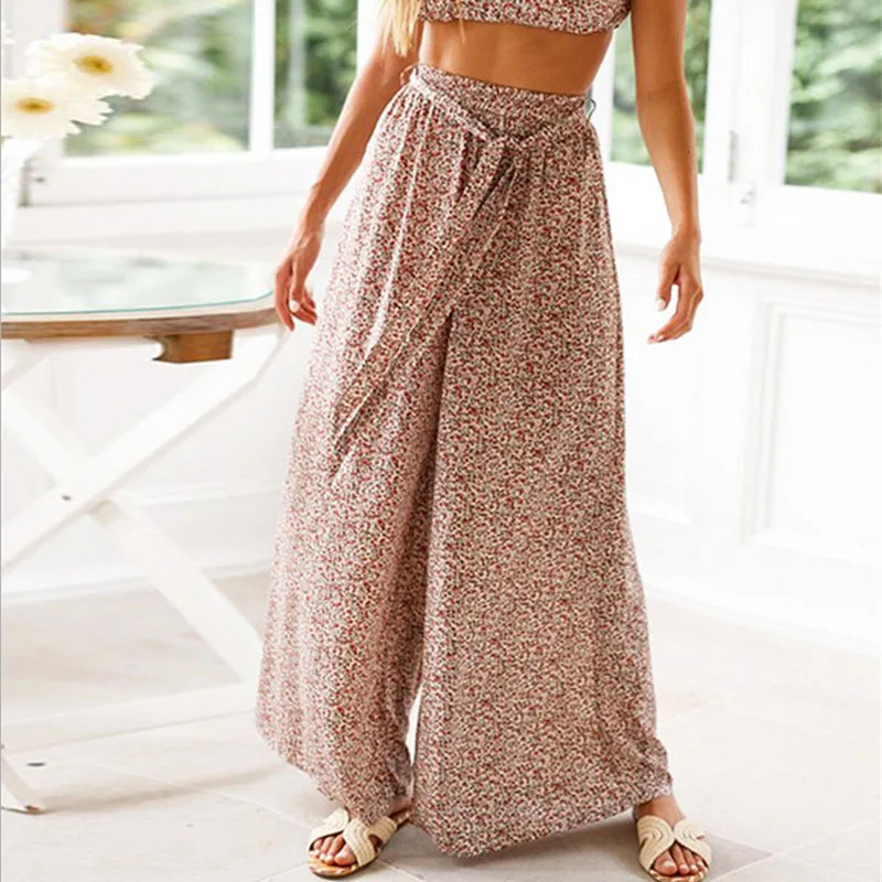 Boho женские новые модные праздничные брюки палаццо Цветочные Летние с высокой