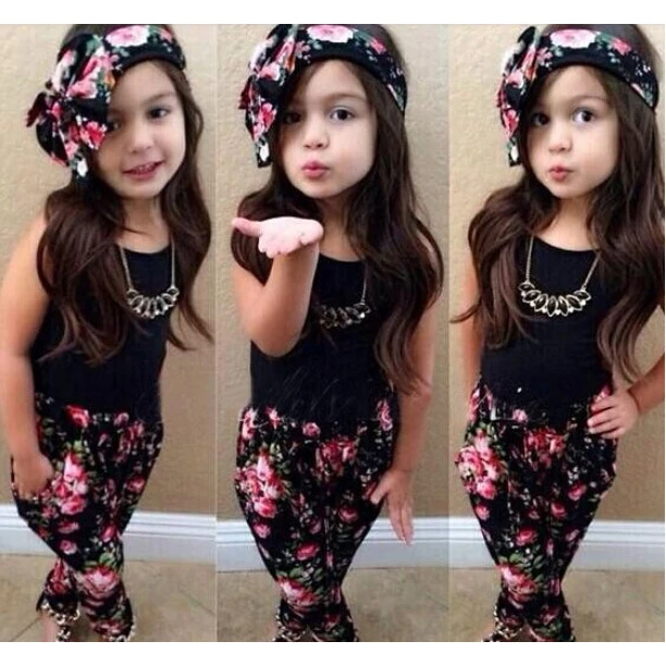 3PCS/set Baby Girls Floral Print T-shirt + Pants Hair Band Set Kids Summer Outfits B1794 CYLL | Мать и ребенок