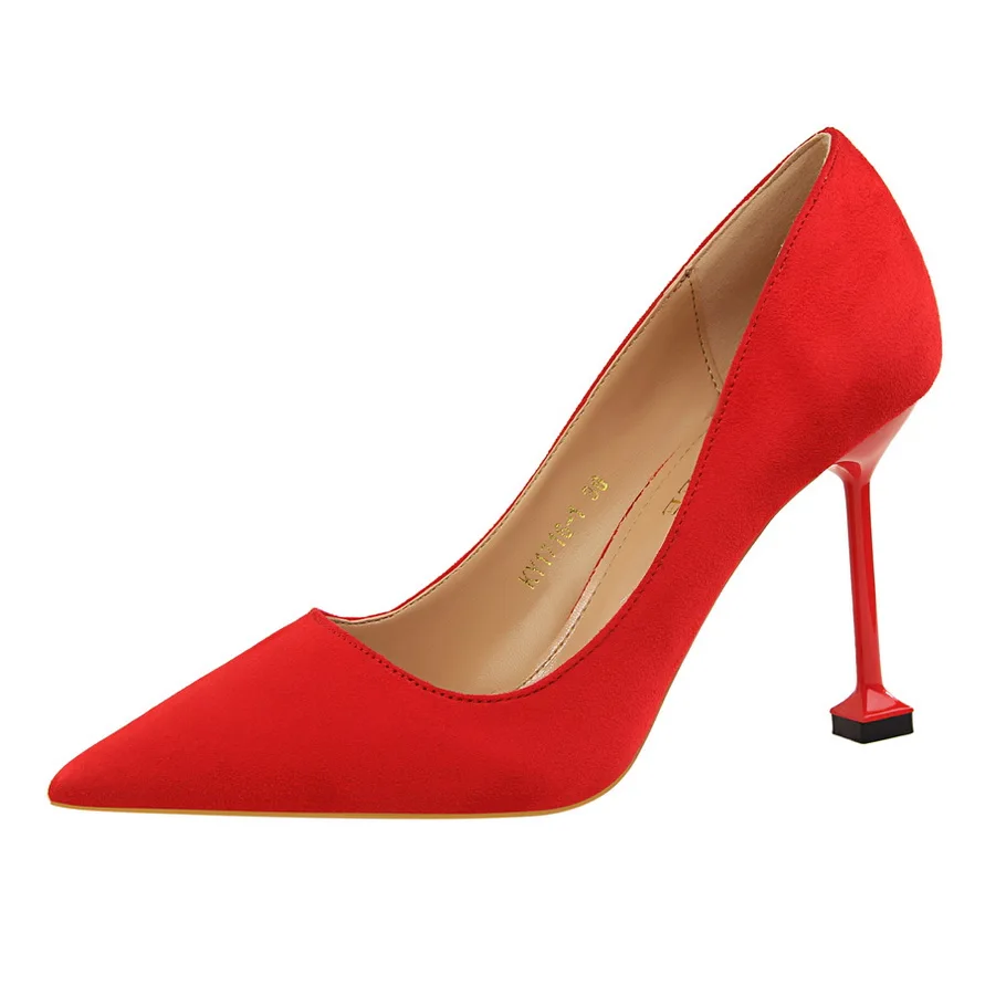 Женские туфли лодочки из флока на высоком тонком каблуке черные красные для