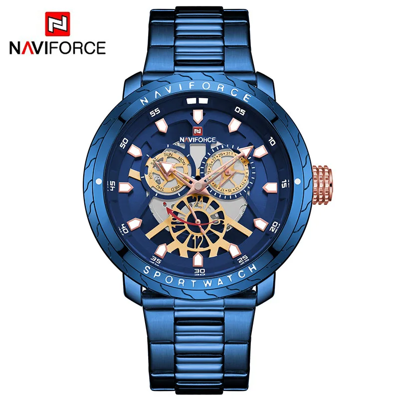 Blue Blue Naviforce, золотые часы для мужчин, роскошные золотые мужские часы, Топ бренд, роскошные часы с хронографом для мужчин, 30 м, водонепроницаемые мужские наручные часы - Цвет: Blue Blue