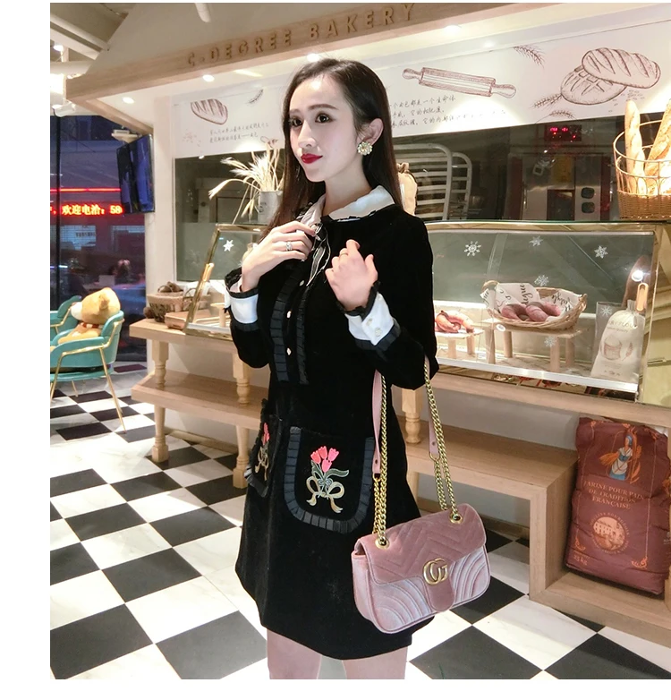 New 2018 Women Dress Designer Runway Black Velvet Embroidery Floral Long Sleeve Vintage Beading Bow Peter Pan Collar Party | Женская