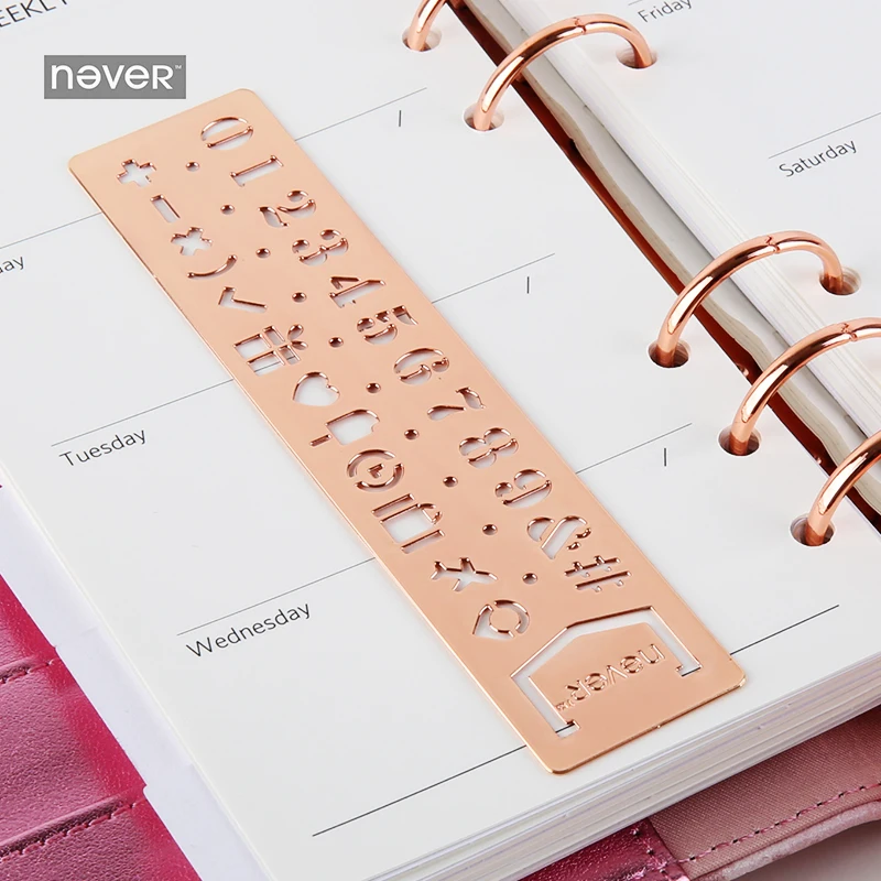 

NEVER Planner Accessories Rose Gold Stainless steel Stencils Ruler notebook Graffiti drawing Alphabetic DIY TOOL Gife stationery