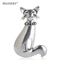 madrry vintage antique silver color cat brooch crystal animal brooches for women party jewelry pins sweater pendant accessories