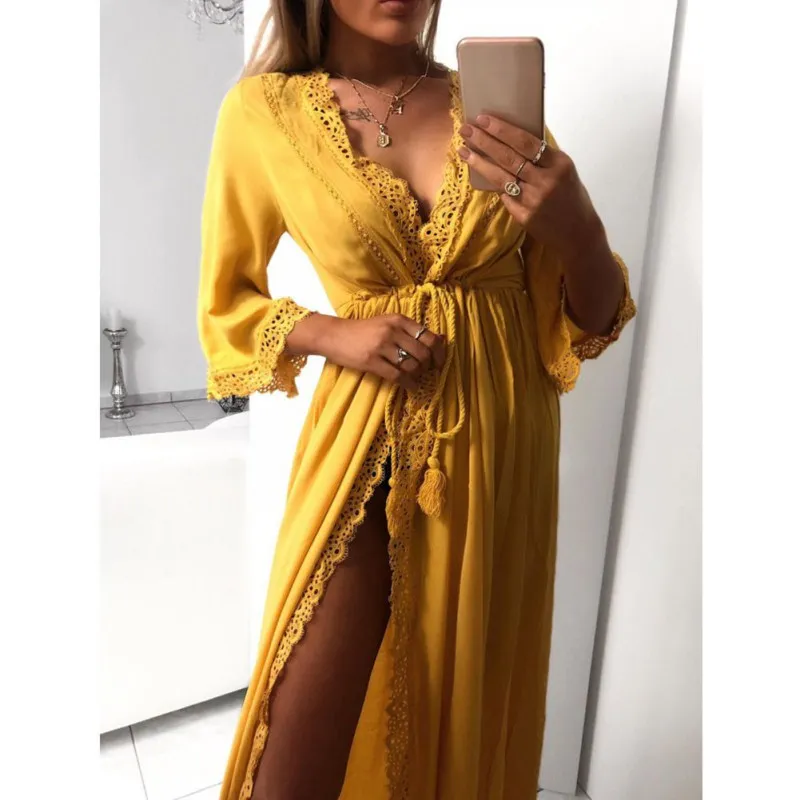 Women Dress Summer 2019 Ladies Lace Patchwork Dresses Sexy V Neck Long Sleeve Solid Color Casual Womens |