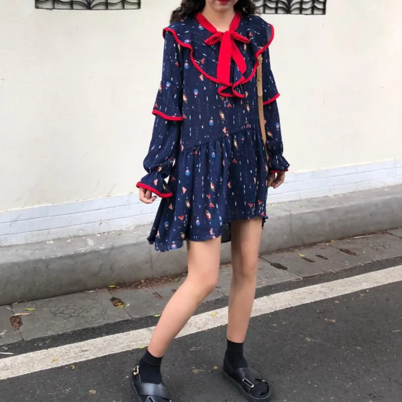 navy blue LANMREM Новая летняя модная женская одежда с принтом в горошек с оборками в Корейском стиле платье пуловер Женский WG61917L - Цвет: navy blue