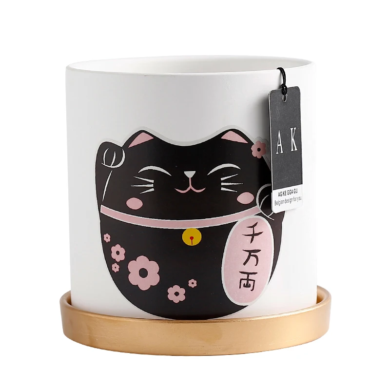 Керамический цветочный горшок Maneki Neko Lucky Cat с золотым подносом зеленые растения