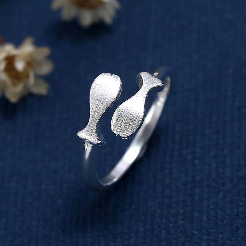 925 Sterling Silver Rings for Women Men Double fish Brushed Adjustable Open Ring Engagement Wedding Gift Jewelry | Украшения и