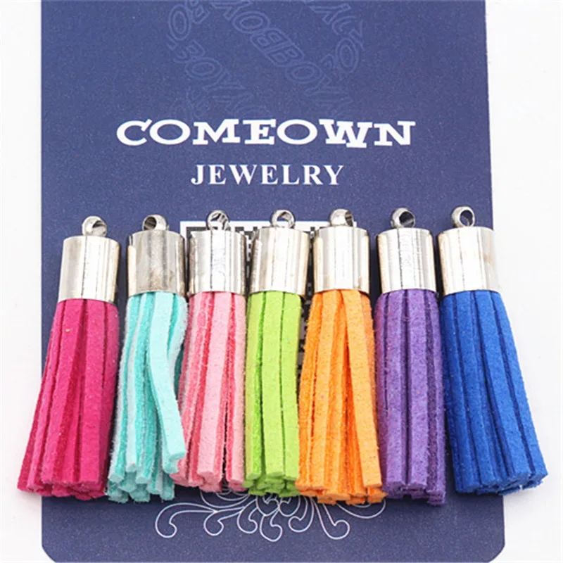 COMEOWN 100pcs 33mm Mixed Color Suede Leather Tassel Earrings Charm Pendant Silver Cap Tassels for DIY Jewelry Making Findings | Украшения