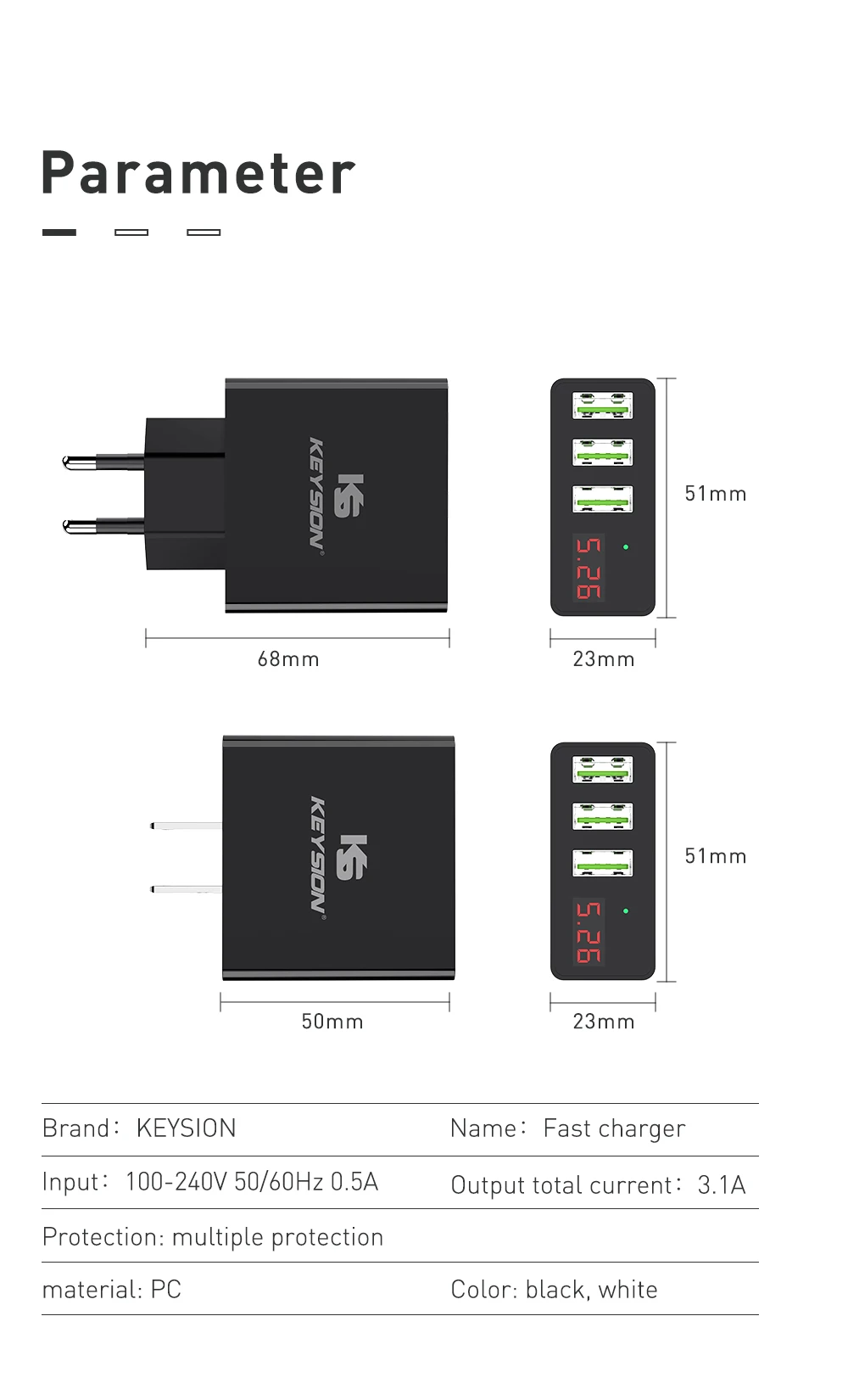KEYSION светодиодный цифровой 3 порта USB зарядное устройство универсальное настенное зарядное устройство для мобильного телефона для iPhone XS MAX XR X 8 7 для samsung S8 S9 адаптер