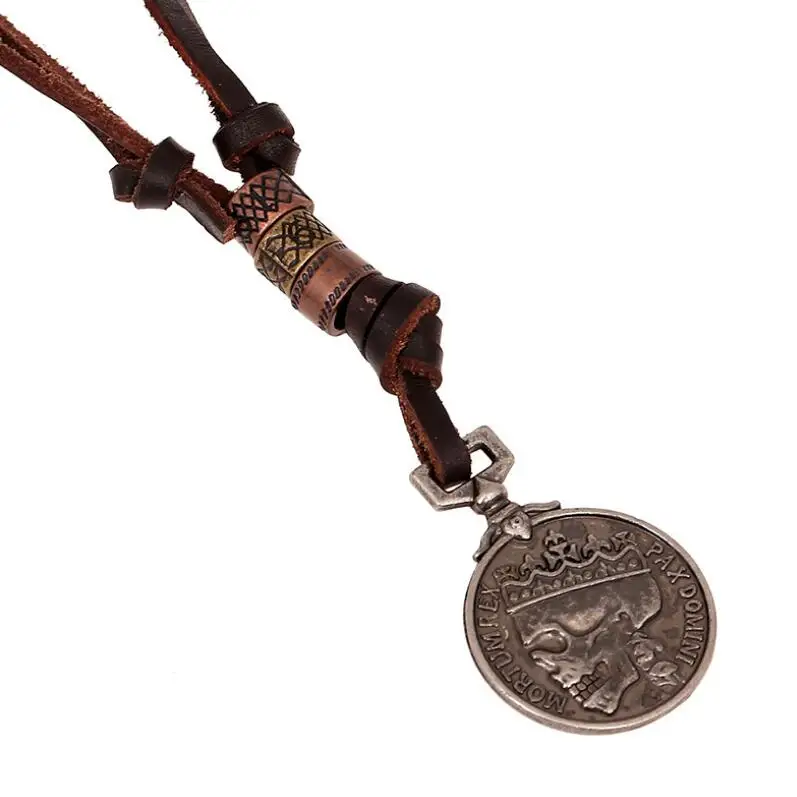 Vintage Punk Skull Long Necklace Retro Genuine Leather Chain Men Metal Rock Hiphop Coin Pendant Women Adjustable Fashion Jewelry | Украшения