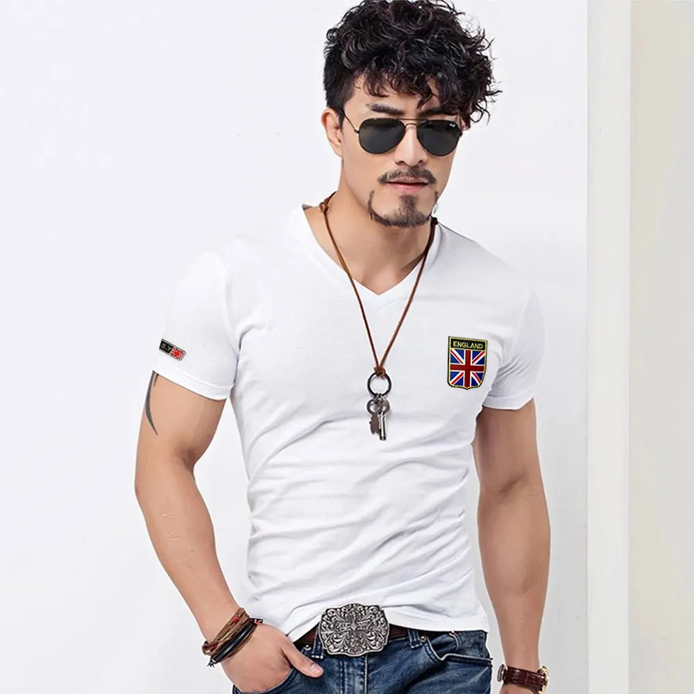 Мужская хлопковая футболка с V образным вырезом вышивкой|flag t shirt|brand shirt ment men |