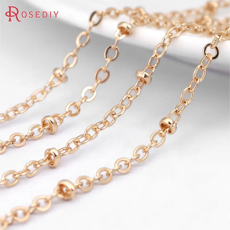 

(31193)2 meters width 2MM 24K Champagne Gold Color Plated Copper Flat O Shape chain with Station Beads Necklace Chains