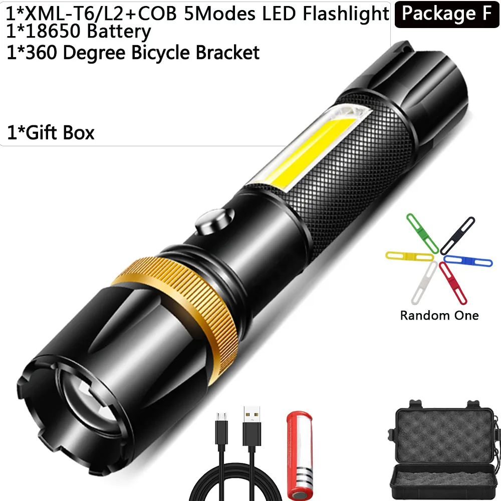 f T6+ COB светодиодный фонарик с usb зарядкой водонепроницаемый масштабируемый 5 режимов Алюминиевый Электрический фонарь 18650 - Испускаемый цвет: f