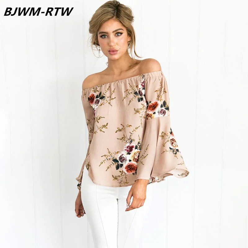 Повседневные с открытыми плечами Слэш шеи шифоновая блуза рукавами клеш Топы