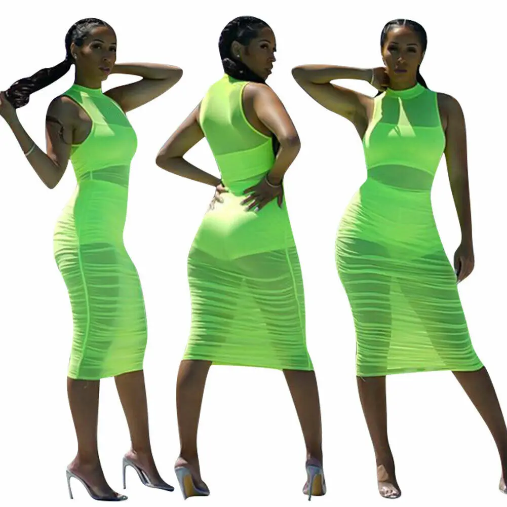 Летнее женское однотонное ФЛУОРЕСЦЕНТНОЕ зеленое повседневное Сетчатое