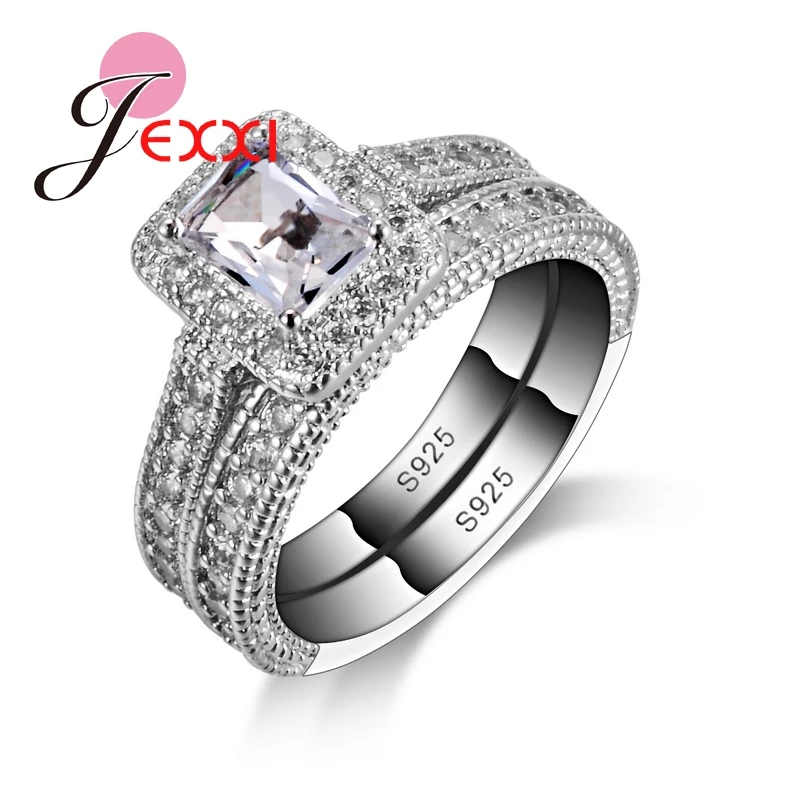 

925 Sterling Silver Ring Sets With Full White High Quality CZ Crystal For Women/Girls Charm Jewelry With 2 PCS Wholesale