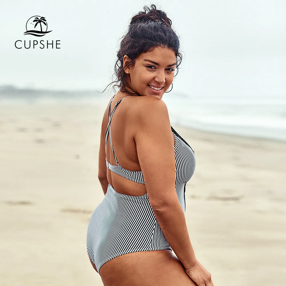 CUPSHE размера плюс полосатый глубокий v образный Вырез Цельный купальник
