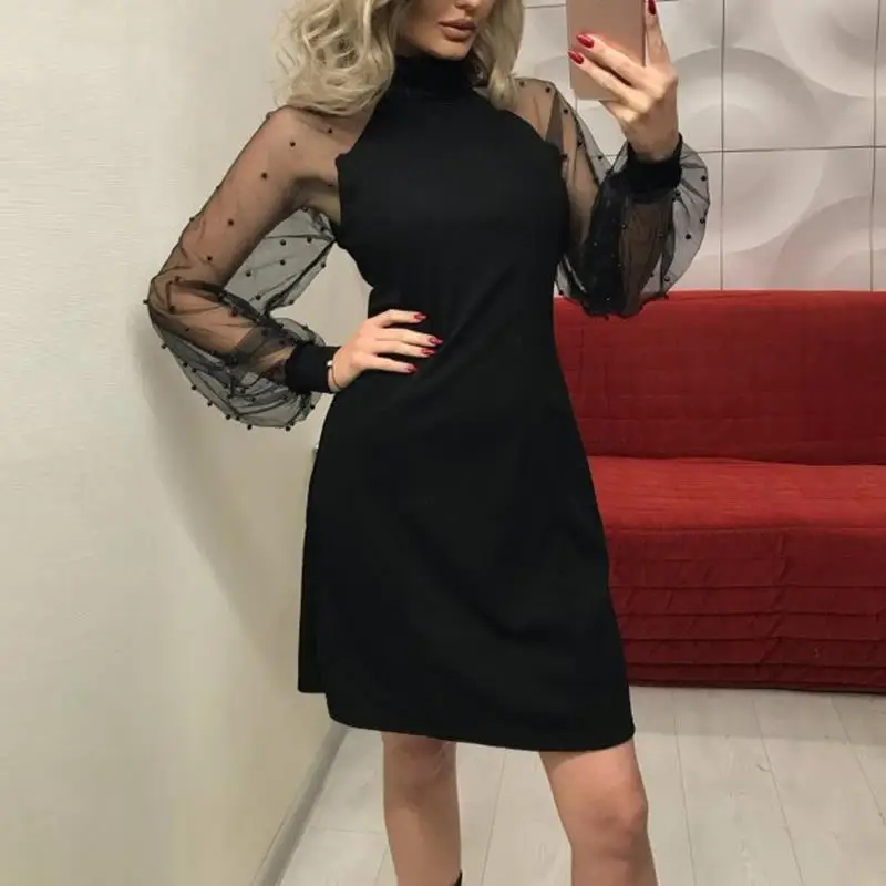 Женское платье с длинными рукавами-фонариками однотонное Сетчатое жемчужинами