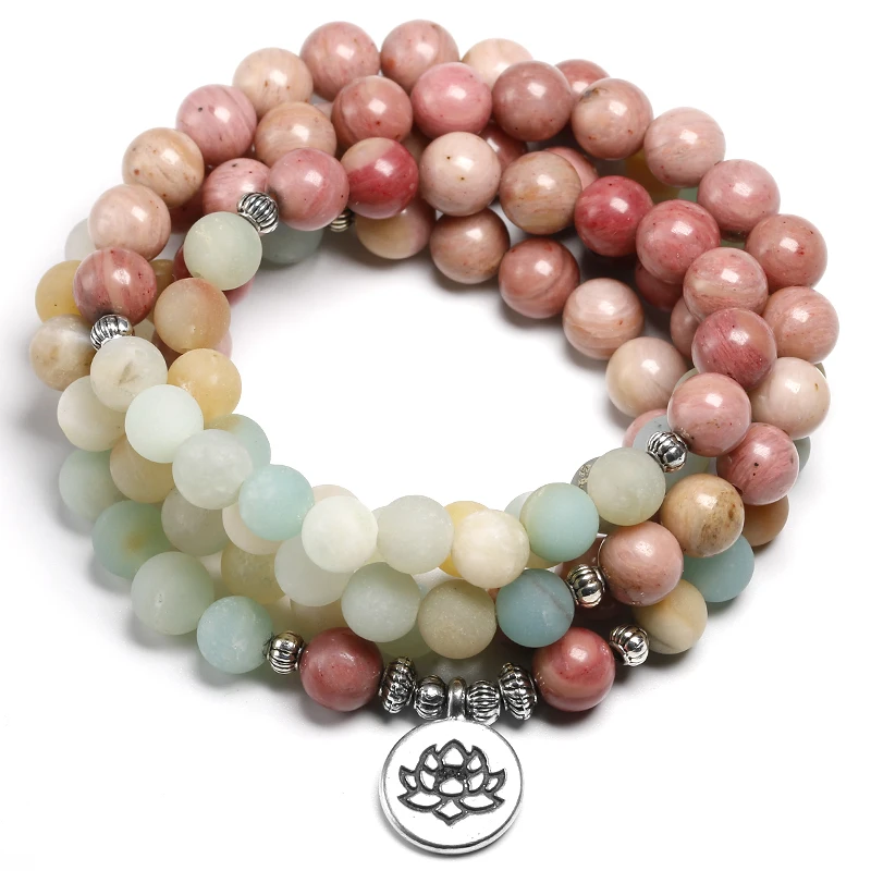 Natural Rhodochrosite With Amazonite stone 8MM Beaded Strand Bracelet Women Yoga Jewelry 108 Mala Beads LoTUS cHARM Bracelets