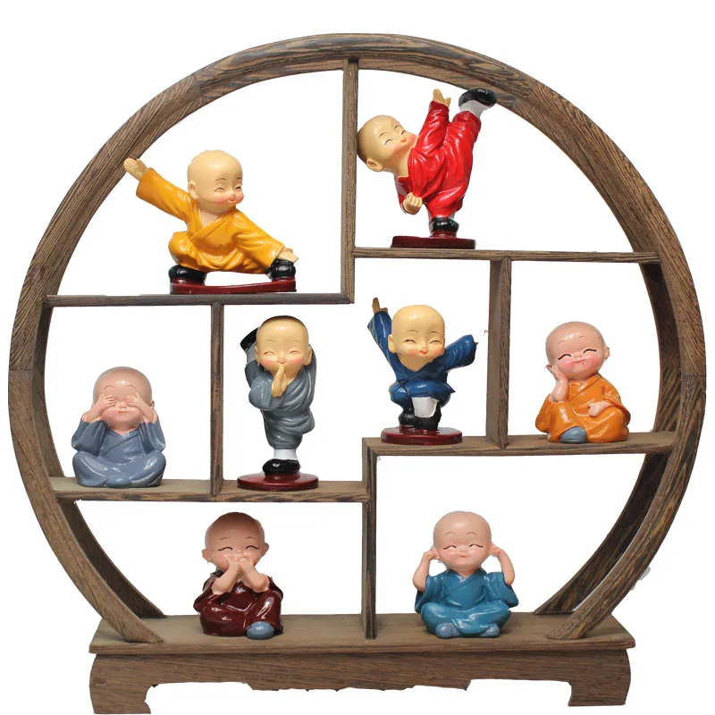 8 MONKS ROUND RACK Кунг-фу маленький монах, скульптура в китайском стиле, статуя Будды из смолы, аксессуары для украшения дома, подарок, статуя маленького Будды, статуя, украшения - Цвет: 8 MONKS ROUND RACK