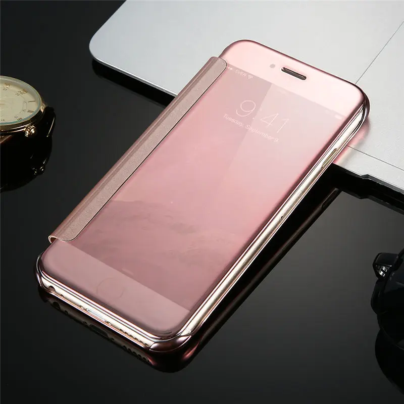 Floveme Смарт-окошко для iPhone 6S 6 7 8 Plus 5S Обложка Зеркало ПК Флип кожаные чехлы для iPhone X 10 5S 5 SE Shell чехол на айфон 5s 5 чехол на айфон 7 чехол на айфон 8 чехол на айфон 6s 6 plus чехол на айфон X 10 - Цвет: Rose Gold