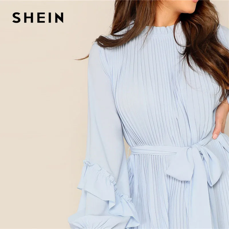 SHEIN Плиссированное Платье Со Стоячим Воротником Поясом И Оригинальным Рукавом Однотонное Платье В Складку С Оборкой