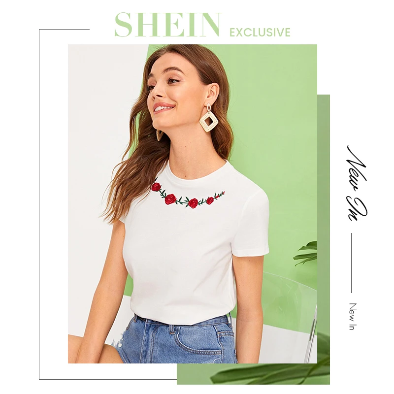 SHEIN женская футболка с вышитым цветочным принтом, женская одежда, топы, Повседневная летняя футболка с круглым вырезом и коротким рукавом