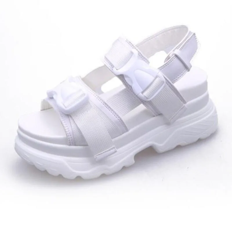 

Women Buckle Leather Canvas Summer Women Sandals 8cm Platform Wedge High Heels Shoes Zapatos Mujer Slippers Woman Sandal M367