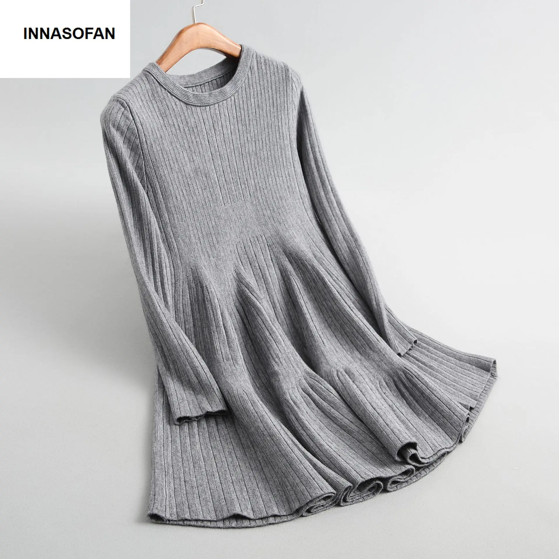 INNASOFAN dressWomen's Autumn-winter knitted mini-dress Euro-American fashion long sweater with flounces and sleeves | Женская