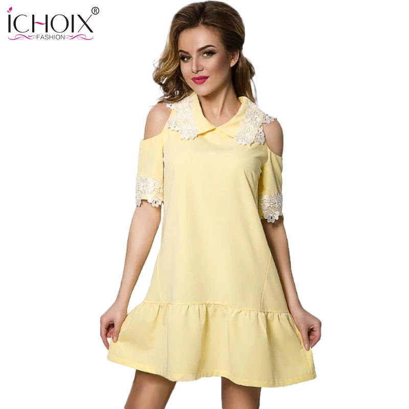 ICHOIX 2017 New Summer A-line Dress Off Shoulder Fashion Robe women Casual Elegant Lace dress Loose Cltohing Sky Pink Cute | Женская