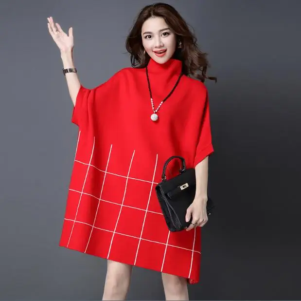 Женское трикотажное хлопковое платье-свитер с рукавами летучая мышь | Женская