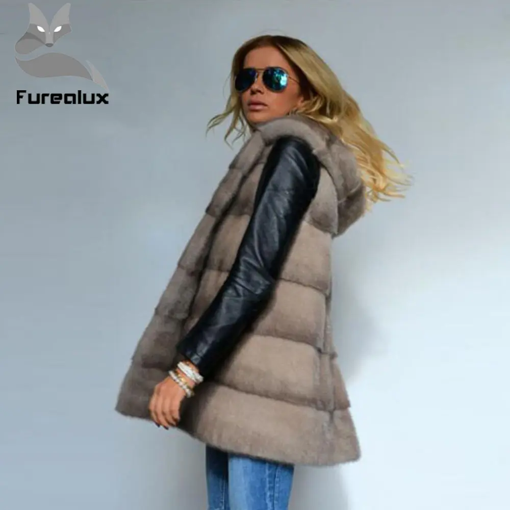 Furealux 2019 новый цельный жилет из натурального меха норки с капюшоном теплые