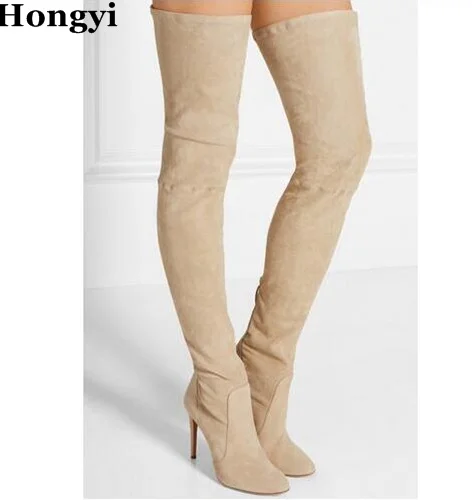 

Hongyi Winter newest beige suede over the knee high heel boots round toe sexy thigh high boots for woman fashion long boots