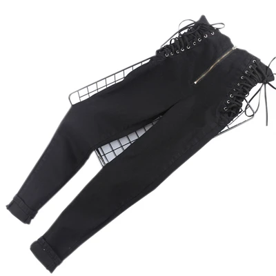 Black jeansC15 Женские джинсы на каждый день с завязками, обтягивающие винтажные джинсы на молнии с высокой талией, модные весенние ковбойские длинные джинсы, джинсовая уличная одежда - Цвет: Black jeansC15