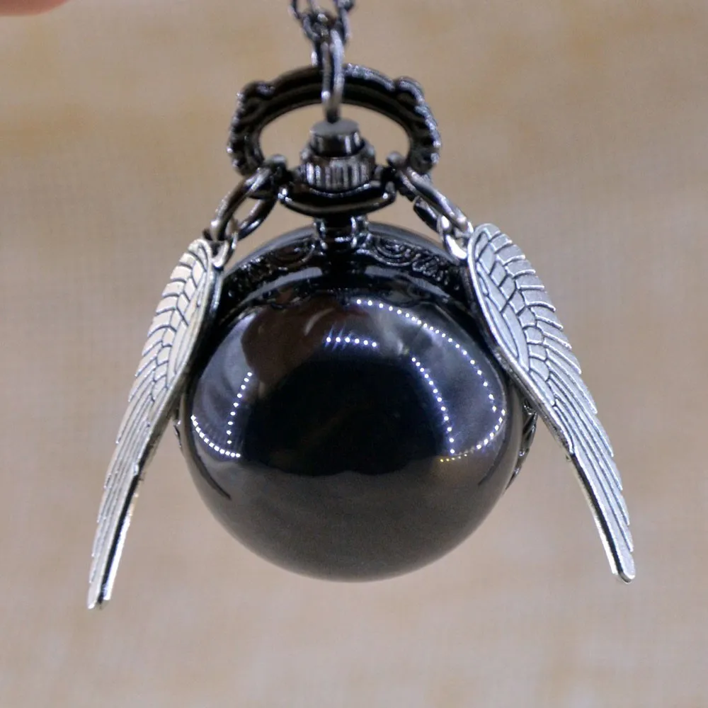Vintage Black Smooth Harry Potter Ball Silver Wings Quartz Pocket Watch Analog Pendant Necklace Mens Womens Watch Gifts Chain