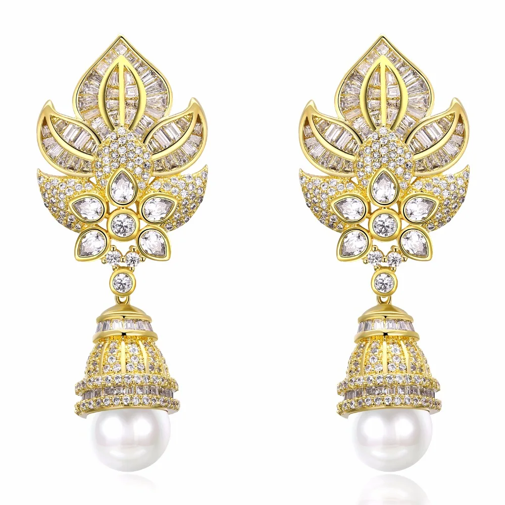 

New Flower Shape simulated Pearl Earrings Lead Free Cubic Zirconia Stone Wedding Drop Earrings Free Shipping