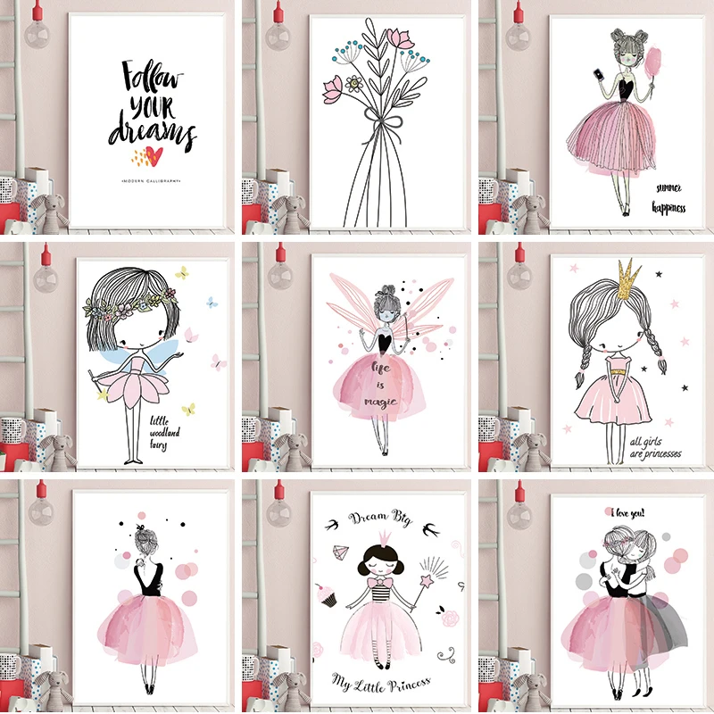 Настенная картина с мультяшным изображением ангела розовая юбка кролик на