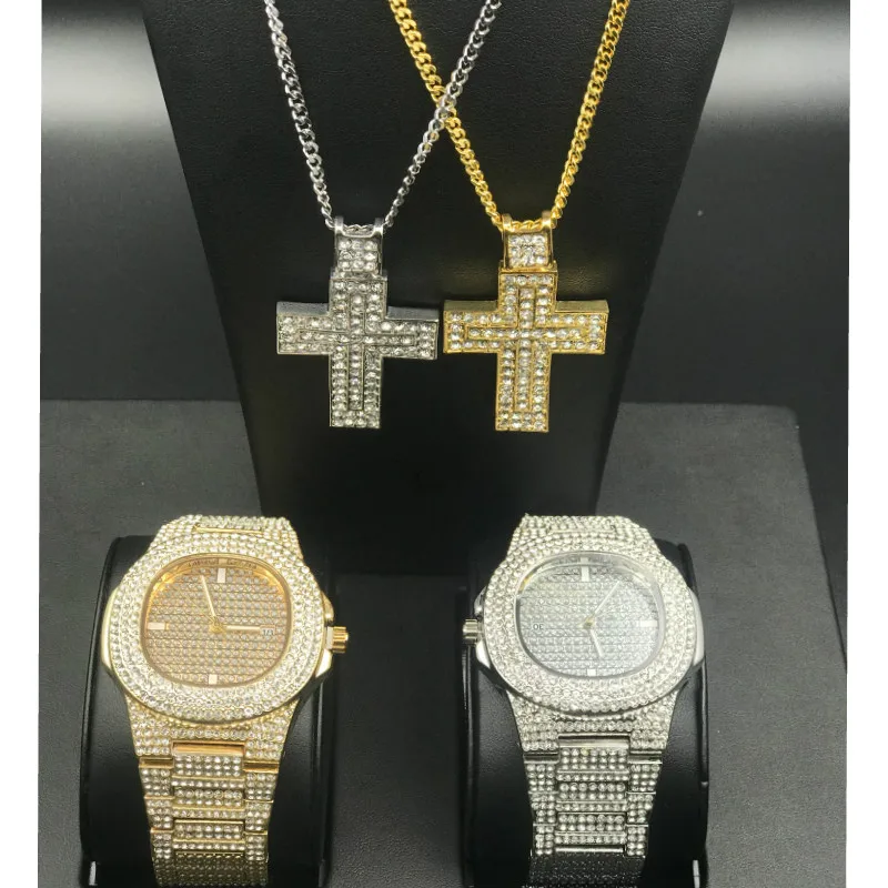 

Men Luxury Gold Color Watch & Necklace Combo Set Ice Out Cz Bling Rapper Men Jewelry Rope Chain In Crystal Hip Hop For Men