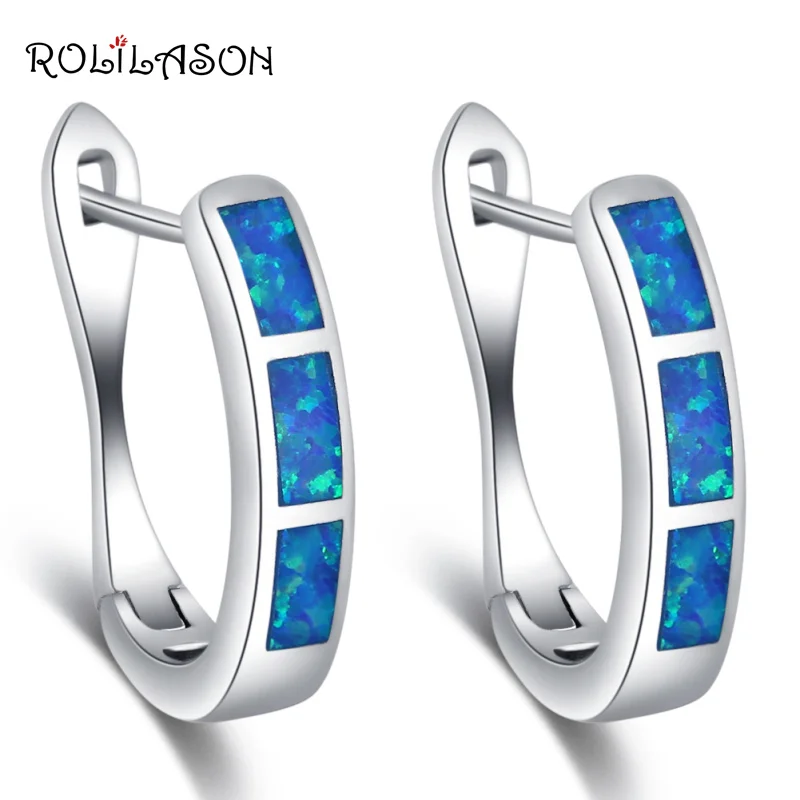 ROLILASON Hoop Earrings for women Wholesale Retail Blue Fire Opal silver plated Fashion Jewelry OE744 | Украшения и аксессуары