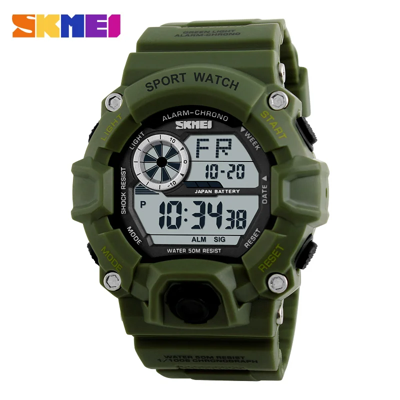 ArmyGreen SKMEI уличные спортивные часы мужские часы с будильником 5 бар водонепроницаемые военные часы светодиодный дисплей ударные цифровые часы Reloj Hombre - Цвет: ArmyGreen