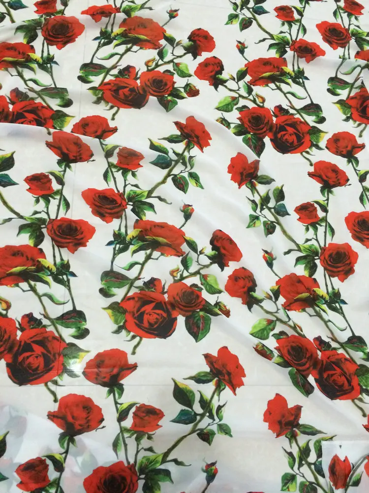 red rose flowers print silk chiffon fabric soft thin for dress long beach clothing tissue | Дом и сад