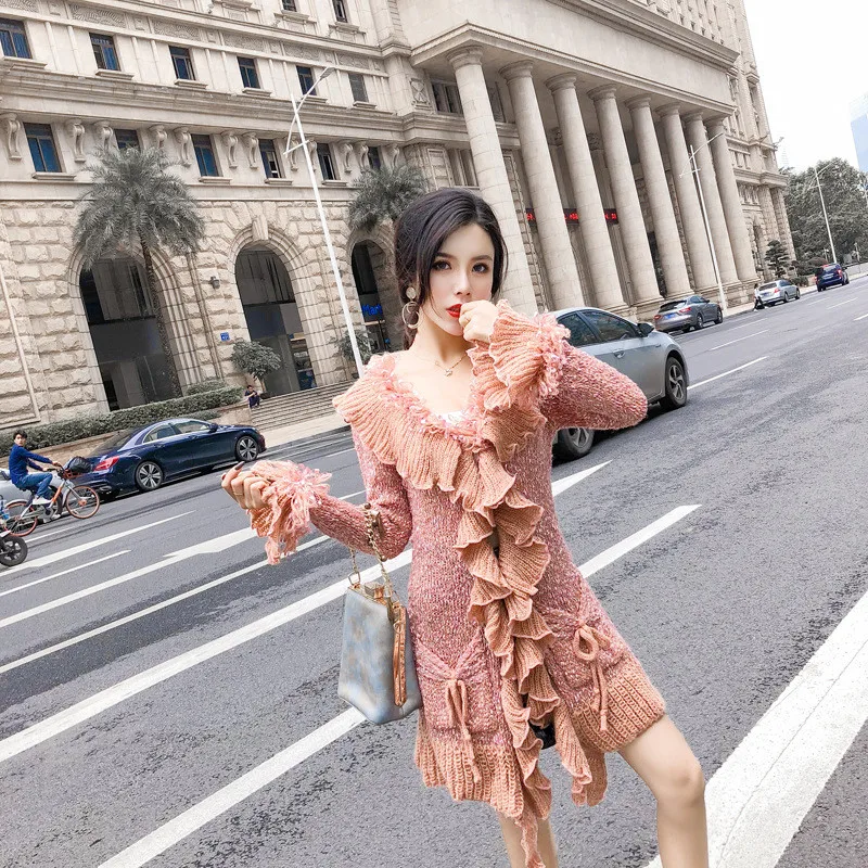 Fashion Knit Cardigan Sweater Women's 2018 Autumn Winter New V-Neck Long Ruffled Sleeve Slim Coat Single Breasted |