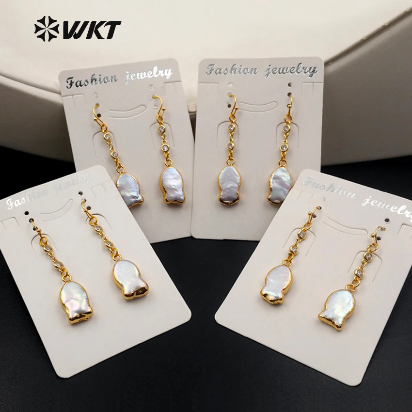 

WT-E394 WKT Fashion Fish Shape Natural Freshwater Pearl Drop Earring With Best Quality CZ Micro Pave Chain Jewelry Earring